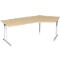Light-colored corner desk standing on silver legs. The tabletop has a curved edge.