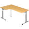 An L-shaped desk with wooden top and silver adjustable legs. On a light background.