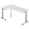 A white corner desk with height-adjustable legs. The tabletop has rounded corners and stands on silver metal legs.