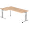 L-shaped desk made of light-colored wood with a silver frame, height-adjustable.