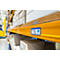 Yellow shelves with boxes, shelf label with up arrow and number 07.