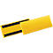 Two yellow, rectangular signs with black magnetic strips. One lies, the other stands a little upright.