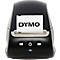 Label printer with "DYMO" logo. Black, silver casing. USB symbol. Forward and back buttons.