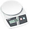 Digital scale with white housing, round weighing plate, grey display and buttons.
