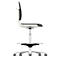 Office chair, side view. White frame, gray backrest and seat, silver column and footrest.