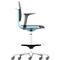 Office chair, light blue and black, side view. Armrests, backrest, caster feet, foot ring.