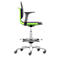 Office chair with green frame, black back and armrest, silver base and castors, side view.
