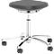 Grey, height-adjustable stool with wheels against a white background.