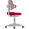 An office chair with a red seat and backrest, a gray base and wheels.