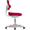Side view of an ergonomic office chair in red and gray with casters.
