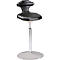 Black standing stool with ergonomic seat and backrest, height adjustable, on a round, gray base.