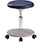 Blue, round stool, height-adjustable, with castors.
