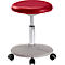 A height-adjustable, red stool with rollers.