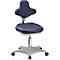 Blue ergonomic office chair with star base and castors, against white background.