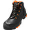 Black safety shoe with orange accents and laces, side view.