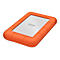 Orangefarbene externe Festplatte mit silberner Oberfläche und LaCie-Logo.