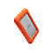 Disque dur externe orange. Surface argentée encadrée par du caoutchouc orange robuste. L'inscription 'Lacie' est visible.