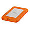 Disque dur externe orange avec surface blanche, port USB. Inscription: «design by neil poulton», logo «LaCie».