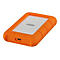 Disque dur externe orange avec centre blanc, texte 'LACIE' et 'design by neil poulton'.