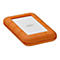 Ein orangefarbenes, robustes externes Festplattengehäuse mit einer weißen Mitte. Das Logo 'LaCie' ist auf der Mitte sichtbar.