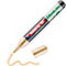 Ein goldfarbener Edding-Lackstift mit offener Kappe, darunter eine goldfarbene Linie. Auf dem Stift steht 'edding 50 paint marker'.