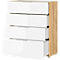 Ladekast, met 4 laden, glazen front en blad, B 830 x D 420 x H 1020 mm, Navarra eik/wit