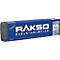 Emballage bleu avec "RAKSO EDELSTAHLWOLLE". Bloc de laine d'acier, logo de la marque et informations sur le produit imprimés.