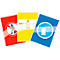 Safety signs: Red, yellow and blue. No entry, protective clothing, hand protection.