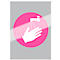 A pink circle featuring a white hand and tap. The water flows onto the hand which is held beneath.