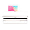 White laminator. A document with pink, blue and yellow geometric shapes is coming out of the device.