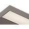 Cadre gris, plafonnier carré éclairé, avec une surface brillante et texturée.