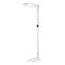 Lampadaire blanc et moderne, luminaire rectangulaire, tige fine, socle plat.