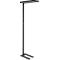 Lampadaire en métal. La tête de la lampe est rectangulaire, le pied droit. Sur fond blanc.