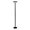 Lampadaire noir, élégant et minimaliste. Dessus rond, base ovale, longue tige entre les deux.