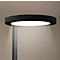 Un éclairage extérieur moderne et rond avec un cadre noir et une lumière vive, sur un poteau gris.