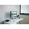 Bureau avec moniteur, clavier, lampe, plante et fenêtre. Un paysage naturel est visible sur le moniteur.