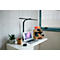 Bureau avec ordinateur portable, lampe, porte-stylo, plantes et système d'organisation.
