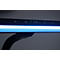 Gros plan sur le panneau de commande d'une lampe de bureau avec des voyants LED verts allumés et des icônes.