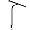 Lampe à pince noire minimaliste avec un long bras réglable sur fond blanc.