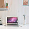 Bureau avec ordinateur portable, cactus, cahier, lampe et cadre photo. L'écran affiche une palette de couleurs rose et violette.
