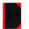 Black notebook with red binding and red corner with logo, next to lined pages.