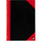 Black notebook with red cover and red corner, minimalist.