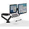 Schwarzer Monitorarm für Laptop und Monitore, Laptop und Monitore mit Diagrammen auf weißem Tisch.