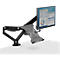 Schwarzer Monitorarm mit Monitor und Laptop-Halterung. Auf dem Monitor ist eine Tabelle abgebildet.