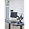 Schreibtisch mit Monitor, Laptop und Peripheriegerät. Helle Büroumgebung. Der Monitor und der Laptop sind auf Halterungen befestigt.