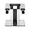 A laptop stand with a silver and black structure. Two arms, a base and a holder.