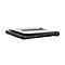 A black, folded laptop stand with a light grey surface on a white background.