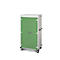 Mobiele kast op wielen, groene deuren, wit frame, zilveren handvat.