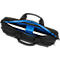 Zwarte laptoptas met handvat en schouderriem. Blauw logo, ritsen en blauwe stiksels.