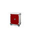 Rode kast op wielen, met wit frame, handgrepen en slot.